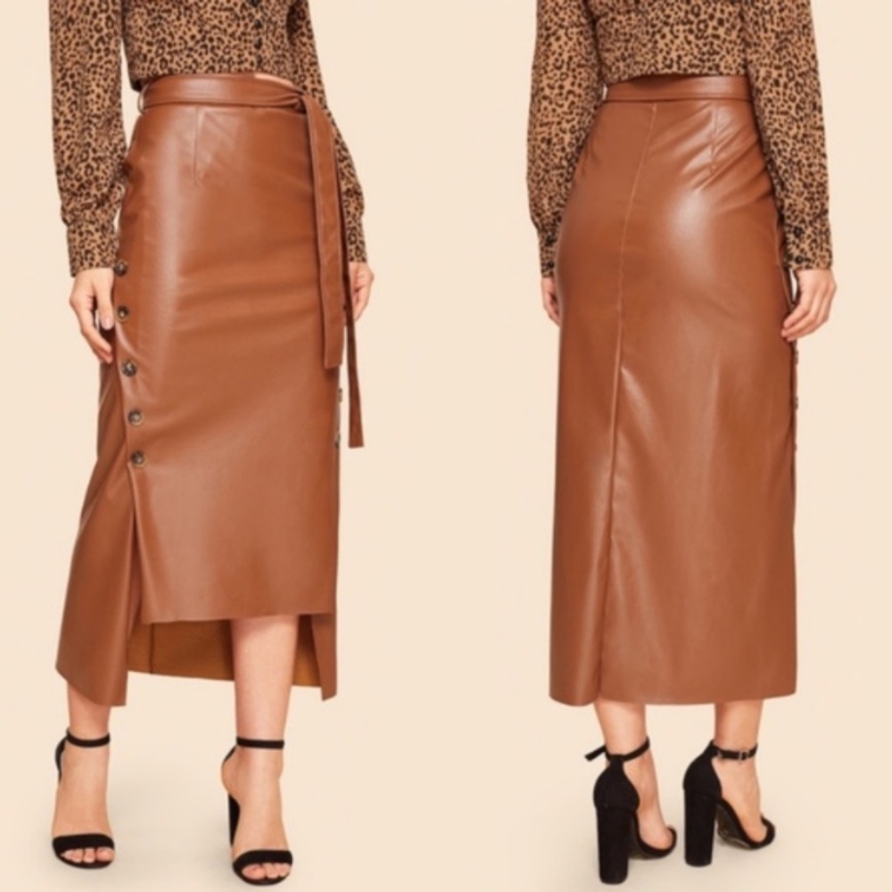Camel Button Vegan Leather Midi Skirt - Picture 2 of 4